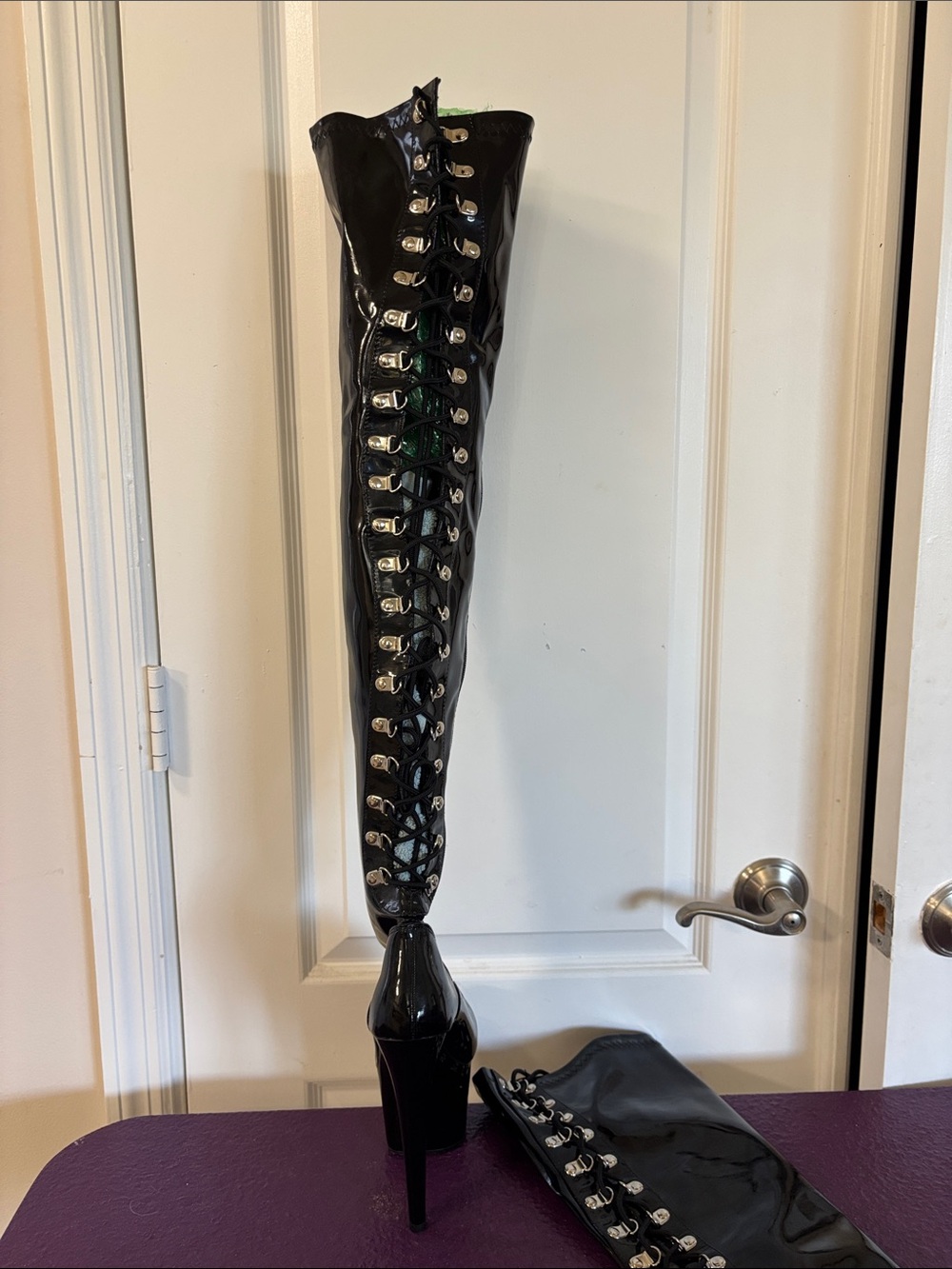 Pleaser Black Patent Over-the-Knee Lace-Up Stiletto Boots with Hook Eyelets